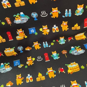 Cosmo Japanese Cotton Sheeting Fabric- &quot;Beer & Hot Spring&quot;- Black- Shiba Inu Dogs