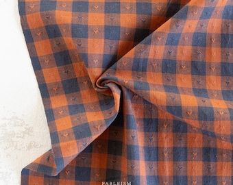 Dobby Hearts Gingham in Sunday Best- Queen of Hearts- Fableism- 54” Wide- Navy Blue and Orange