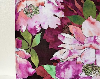 Magenta, Coral, Green on Dark Burgundy, Large Florals- 44” Wide Cotton Fabric- “Plum"