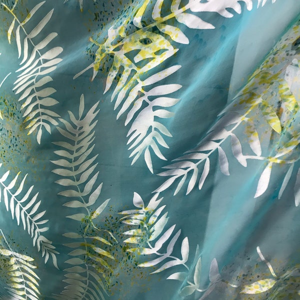 Ferns on Aqua Blue Handpainted Silk Devore