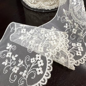Ivory Embroidered Tulle Trim- 3 1/4" Wide- (3801)
