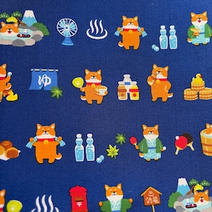 Cosmo Japanese Cotton Sheeting Fabric- &quot;Beer & Hot Spring&quot;- BLUE- Shiba Inu Dogs