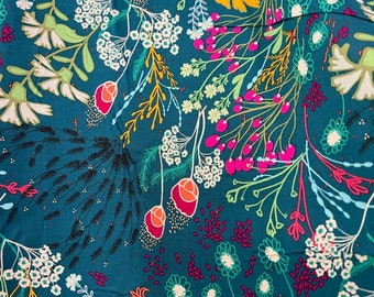 Colorful Floral on Teal &quot;Meadow Bold&quot; Rayon Challis Fabric