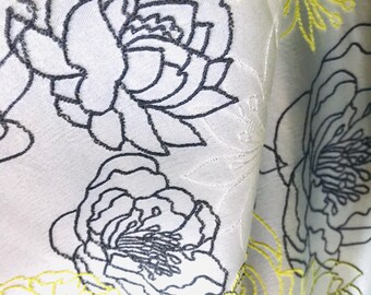 Dark Gray, Yellow, Cream Floral Design Embroidered Jacquard- Drapes, Upholstery