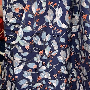 Slate Blue, Gray, Coral and Navy Floral KNIT Cotton Fabric- &quot;Serein Branchlet&quot;