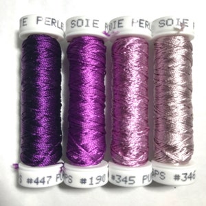 Au Ver A Soie- Soie Perlée- Purple Shades- 4 Spools 100% Silk Thread