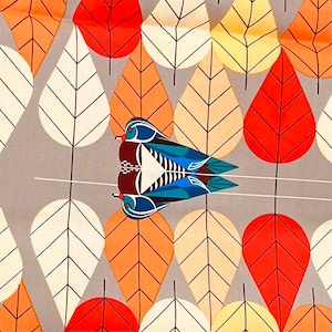 Red, Orange, Yellow on Greige/ Taupe Organic Cotton Poplin Fabric- &quot;Octoberama Lake&quot;- Charley Harper- Birch