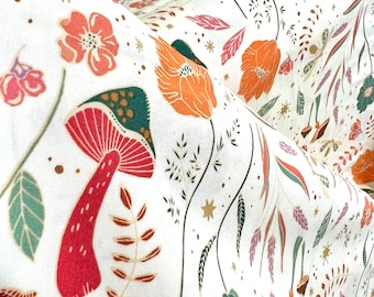 Red, Ochre, Green, Magenta on Cream Floral, Mushrooms Cotton Fabric- "Wildwood Daybreak"