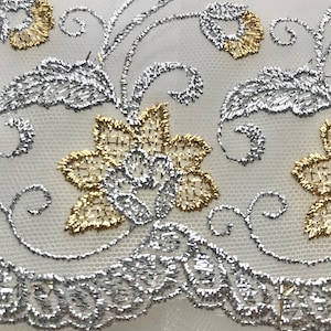 Silver and Gold Embroidery on Tulle- Lace Trim 3527- 5.3&quot; Wide