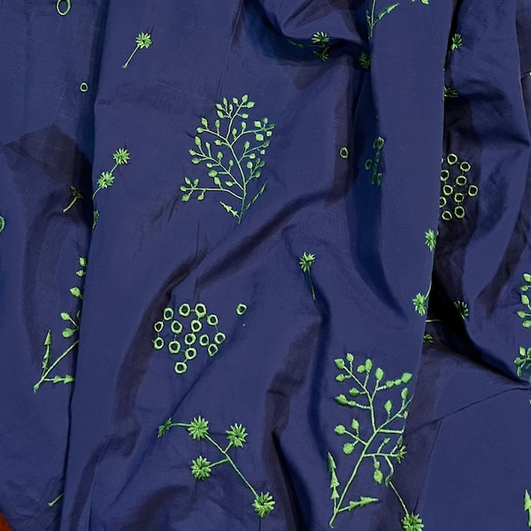 Echino- Flower/ Botanical- Embroidered Cotton- Blue