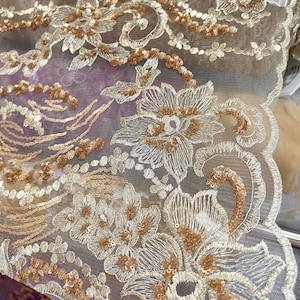 Floral Gold Sequin Embellished and Embroidered Tulle