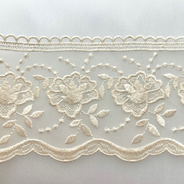 Ivory Floral Embroidery on Tulle- Lace Trim 3519- 4 1/8" Wide