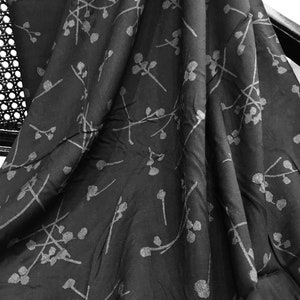 Gray Botanical on Black &quot;Buttonballs Somber&quot; Rayon Challis Fabric