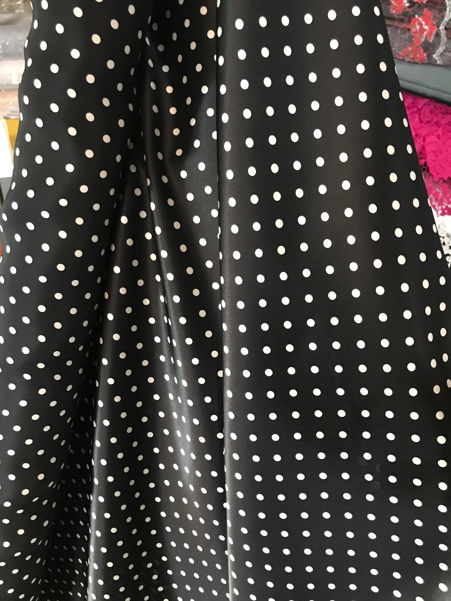 White Polkadots on Black Pure Silk Charmeuse Fabric- 45” Wide