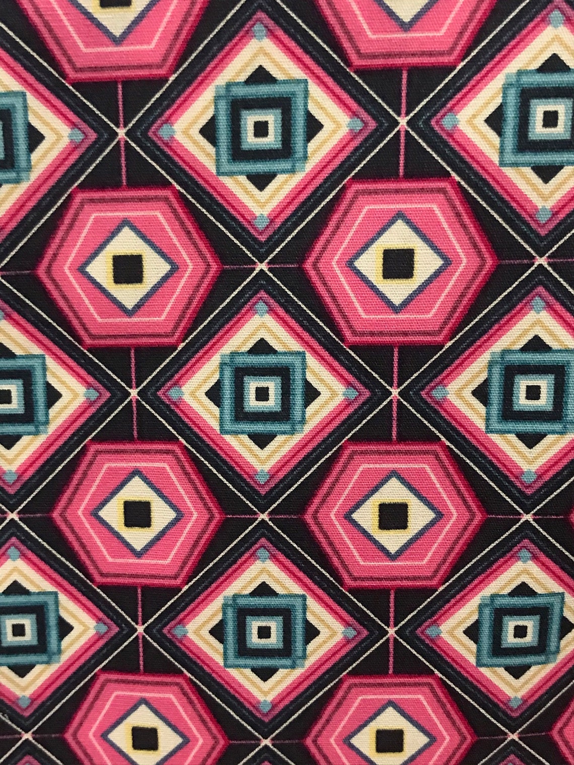 Fuchsia Teal Black Geometric Print Cotton Fabric Etsy