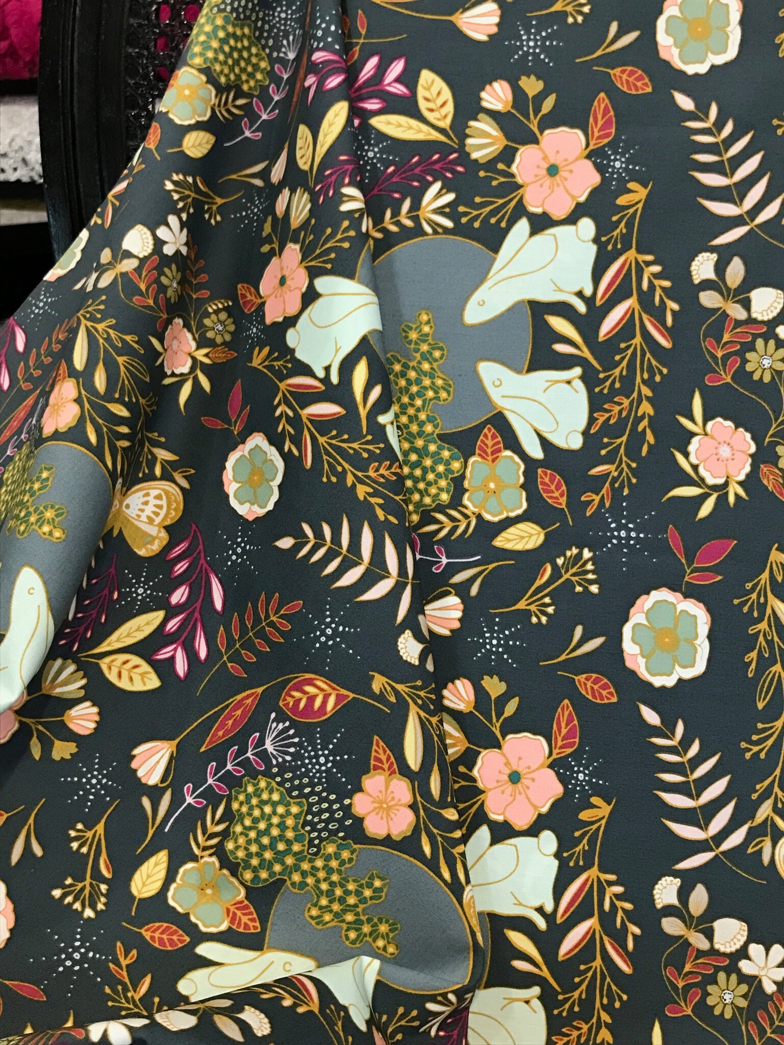 Pink Mustard Green Magenta on Dark Gray Floral Rabbits/ - Etsy