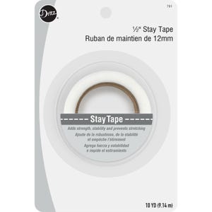May include: A package of Dritz Stay Tape. The package contains a roll of white and brown stay tape, measuring 1/2 inch. The text on the package reads "Stay Tape" and "Adds strength, stability and prevents stretching."