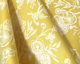 Floral Print on Yellow Background "Line Drawings" Canvas Fabric
