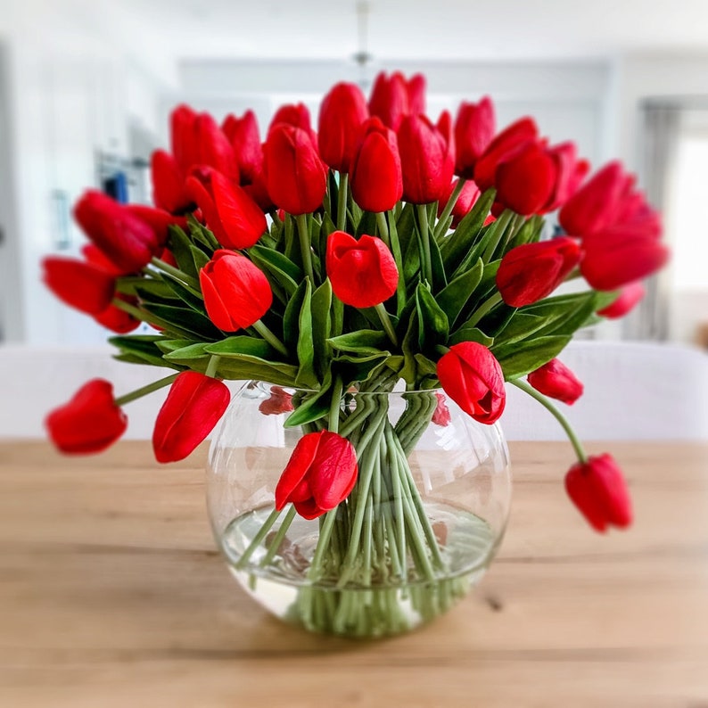 Five Dozen Real Touch Faux Tulips Arranged in a Clear Glass Etsy