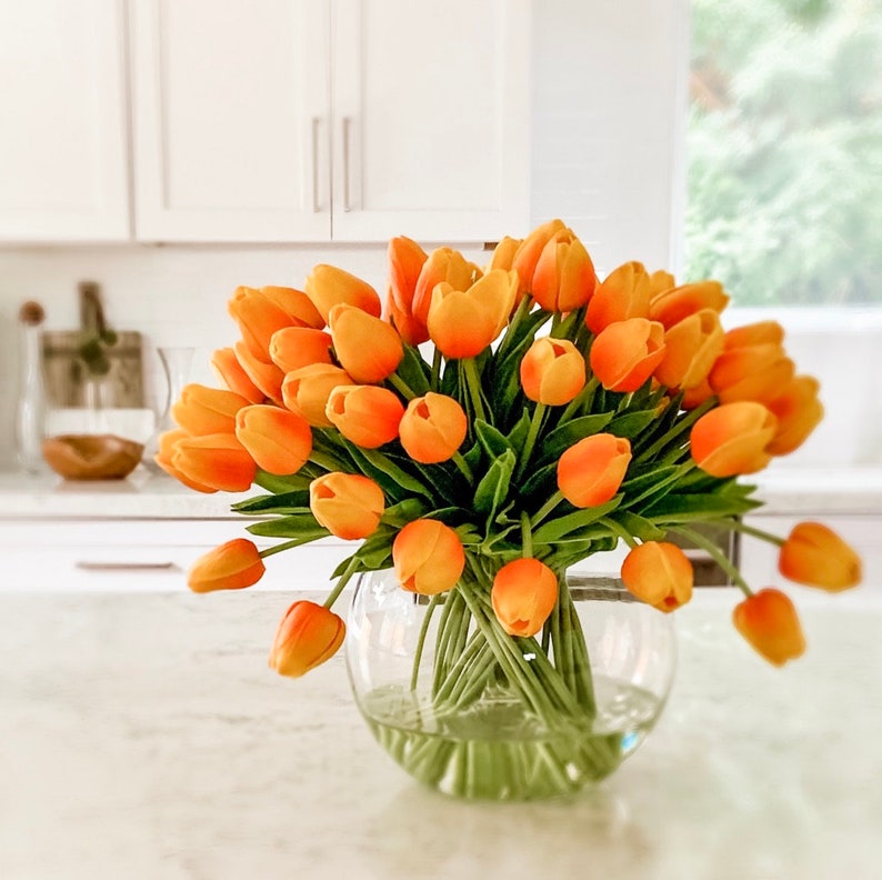 Five Dozen Real Touch Faux Tulips Arranged in a Clear Glass Etsy