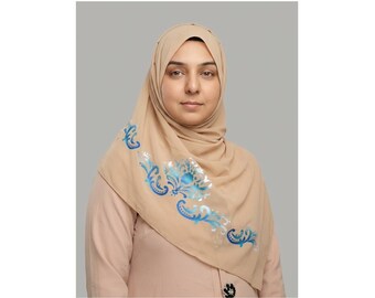 Hand Painted Damask Chiffon Hijab, Beige Scarf Blue  Scrollwork, Elegant Motif Wearable Art, Regal Modest Wear Gift for Her