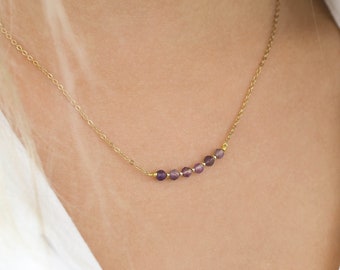 Thin and minimalist necklace made of stainless steel and faceted natural stone beads, amethyst, pink quartz, lapis lazuli