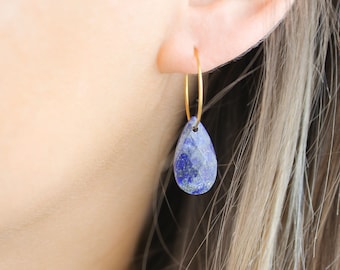Lapis lazuli drop hoop earrings, gemstone hoop earrings, lapis earrings, blue stone earrings, deep blue earrings, pearl hoop earrings