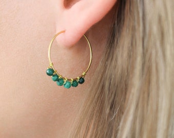 Natural stone hoop earrings, Mini hoop earrings in gold stainless steel woven with natural stones, natural stone earrings