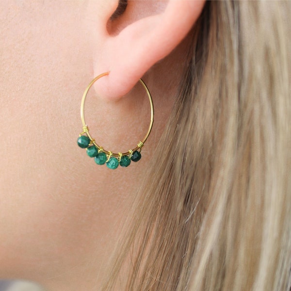 Creoles natural stones, Mini creoles in gilded stainless steel woven with natural stones, earrings natural stones