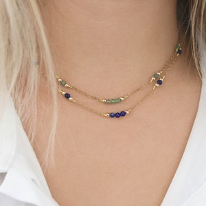 Thin and minimalist necklace made of stainless steel and faceted natural stone beads, aventurine, garnet, lapis lazuli