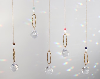 Crystal suncatcher - Geometric sun catcher, golden brass, pendulum decoration with natural stones, new house housewarming gift