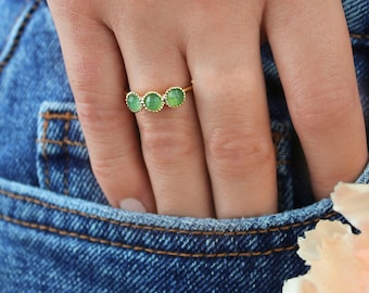 Adjustable Gold Plated Ring for women Three Faceted Stones ring with Natural Green Aventurine ring, Women minimalist Jewelry gift for women