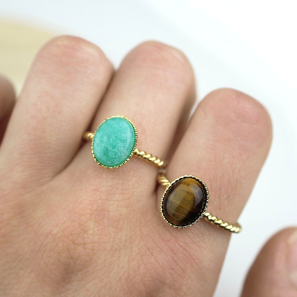 18k gold plated ring for women with natural stone, stone ring, adjustable ring, oval stone, amethyst, amazonite, lapis lazuli, malachite