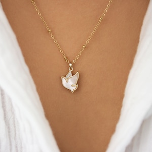 Bird dove necklace, Necklace with mother of pearl and zirconium rhinestones, golden stainless steel necklace, beaded chain
