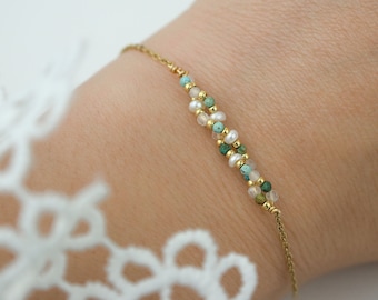 Minimalist twisted natural stone bracelet, African turquoise, tourmaline, lapis lazuli, gold stainless steel women&#39;s bracelet