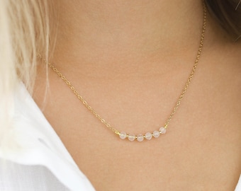 Thin and minimalist necklace made of stainless steel and faceted natural stone beads, amethyst, pink quartz, lapis lazuli