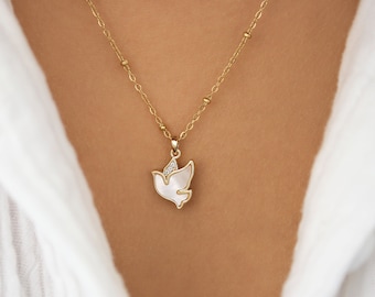Bird dove necklace, Necklace with mother of pearl and zirconium rhinestones, golden stainless steel necklace, beaded chain