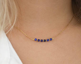 Thin and minimalist necklace made of stainless steel and faceted natural stone beads, amethyst, pink quartz, lapis lazuli