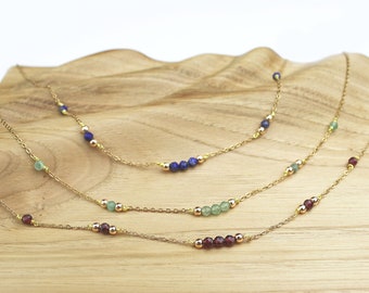 Thin and minimalist necklace made of stainless steel and faceted natural stone beads, aventurine, garnet, lapis lazuli
