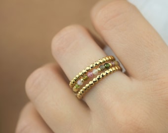 Bague tourmaline multicolore en acier inoxydable doré, Bague ajustable triple rang