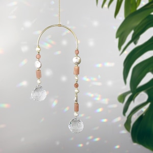Pink sun catcher with crystal colored light prisms, natural stone suncatcher, crystal sun catcher window decoration