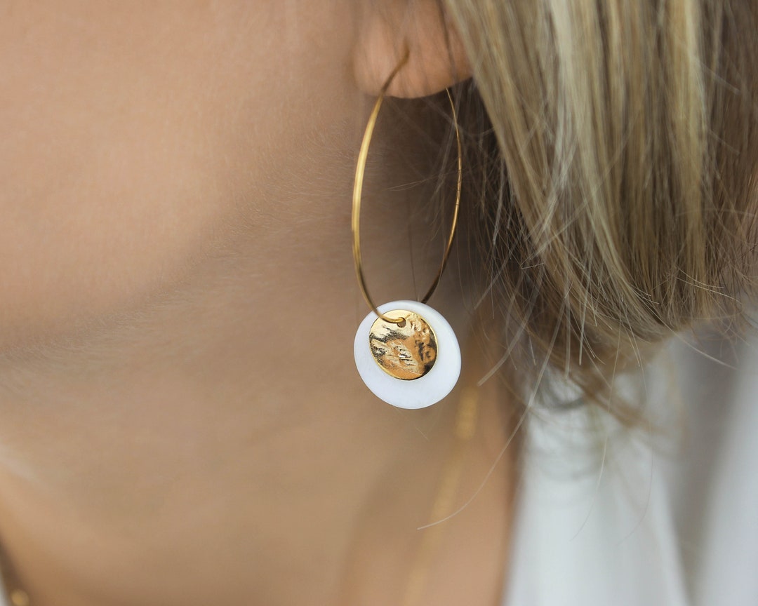 Honeybee Hoop & Charm Earring, Mother of Pearl