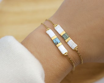 Pulsera de cuentas minimalista y colorida para mujer, pulsera de cuentas miyuki tila plana, cadena de acero inoxidable dorada, cuentas jaspeadas