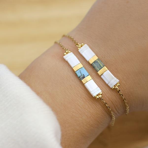 Bracelet de perles minimaliste et coloré pour femme, bracelet perles plates miyuki tila, chaine en acier inoxydable dorée, perles marbrées