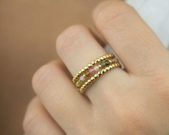 Bague tourmaline multicolore en acier inoxydable doré, Bague ajustable triple rang