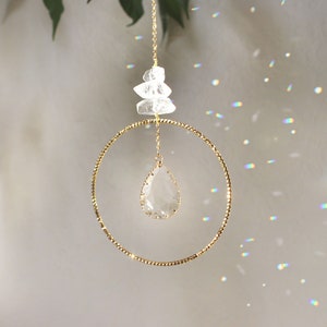 Crystal suncatcher - Geometric sun catcher and natural quartz crystal stones, golden brass, pendulum decoration