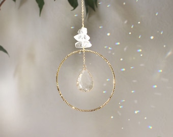 Crystal Suncatcher - Geometric Suncatcher and Natural Quartz Crystal Stones, Gold Brass, Pendulum Decoration
