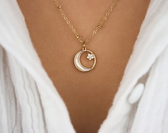 Moon and star necklace, Celestial Necklace with white mother of pearl stone, gold necklace, beaded chain, crescent moon necklace, moon phase