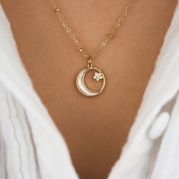 Collier croissant de lune et étoile, Collier céleste doré avec pierre de nacre, acier inoxydable, collier planète, collier espace, demi lune