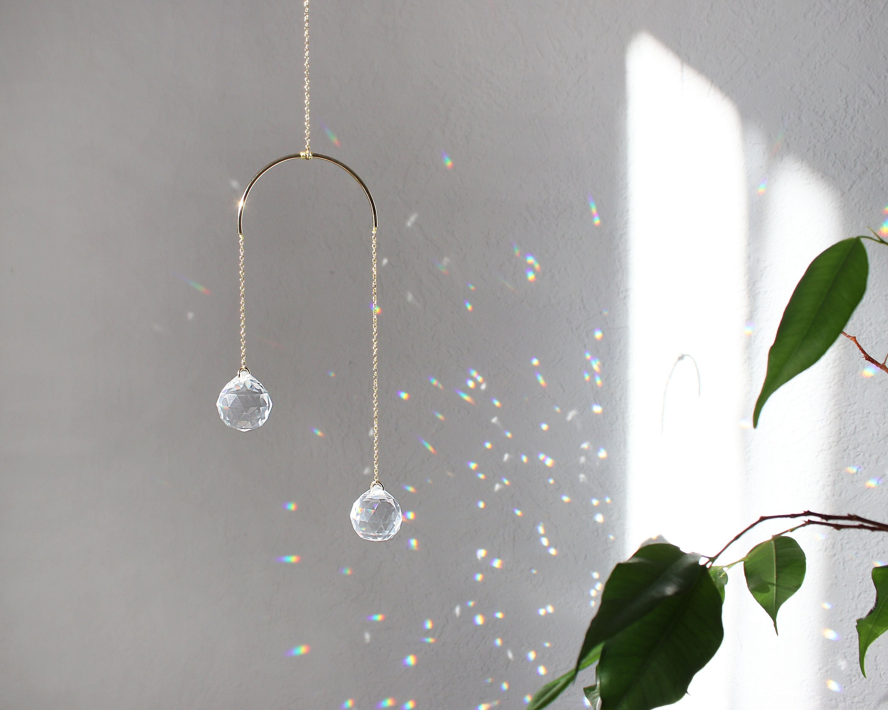 Crystal Suncatcher - Double Geometric Suncatcher, Gold Brass, Pendulum Decoration